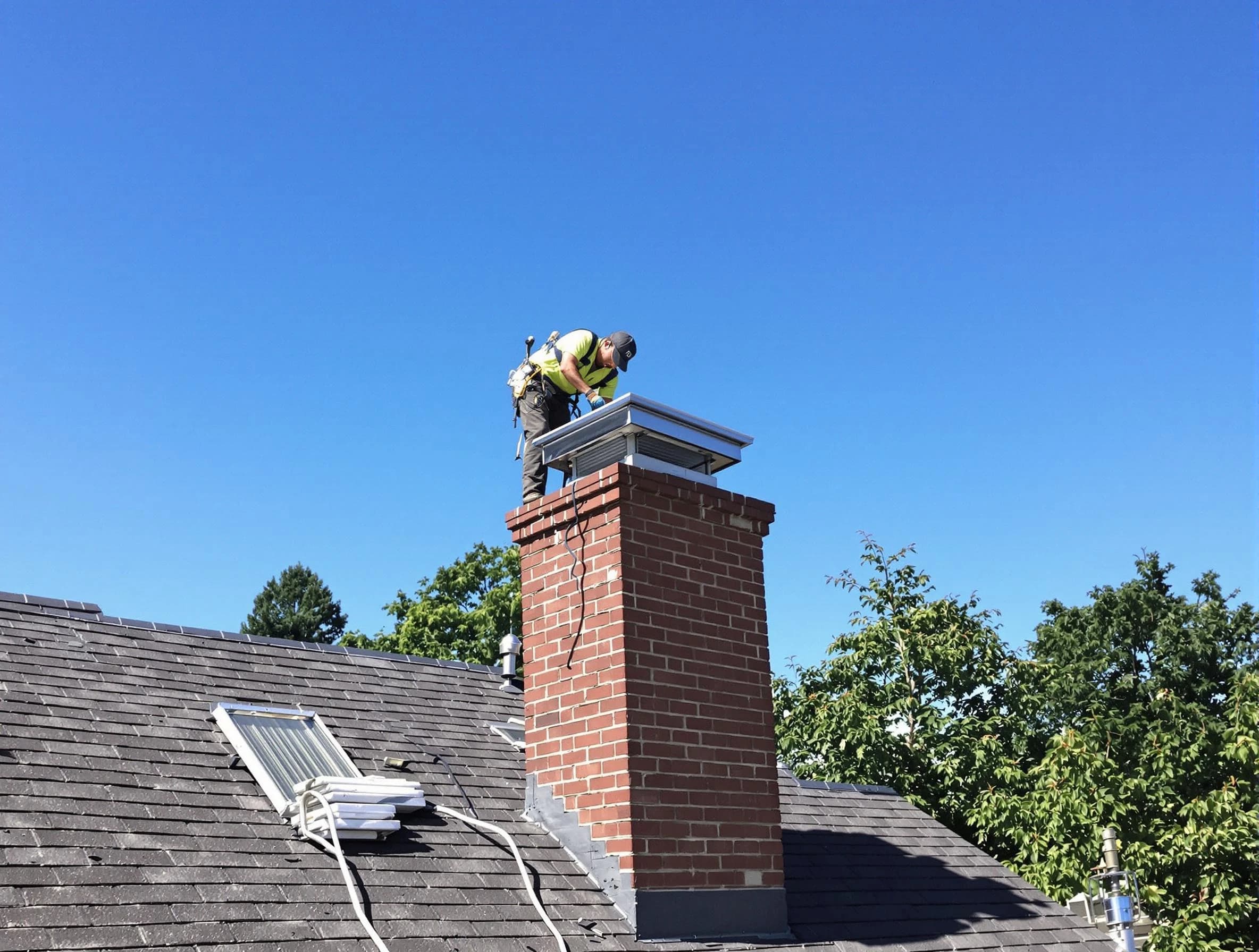 Wellesley Chimney Sweep technician measuring a chimney cap in Wellesley, MA