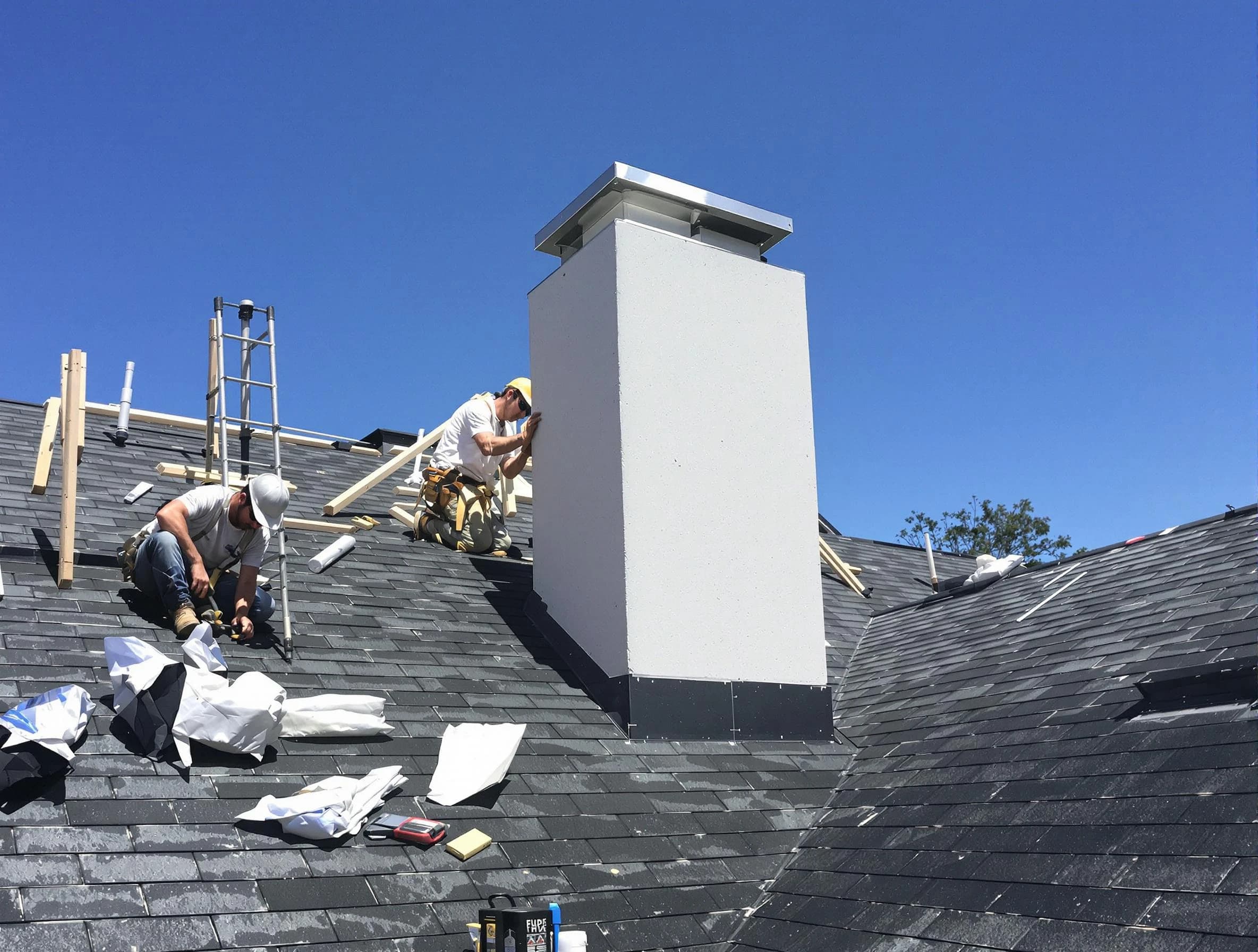 Wellesley Chimney Sweep crew installing a new chimney in Wellesley, MA