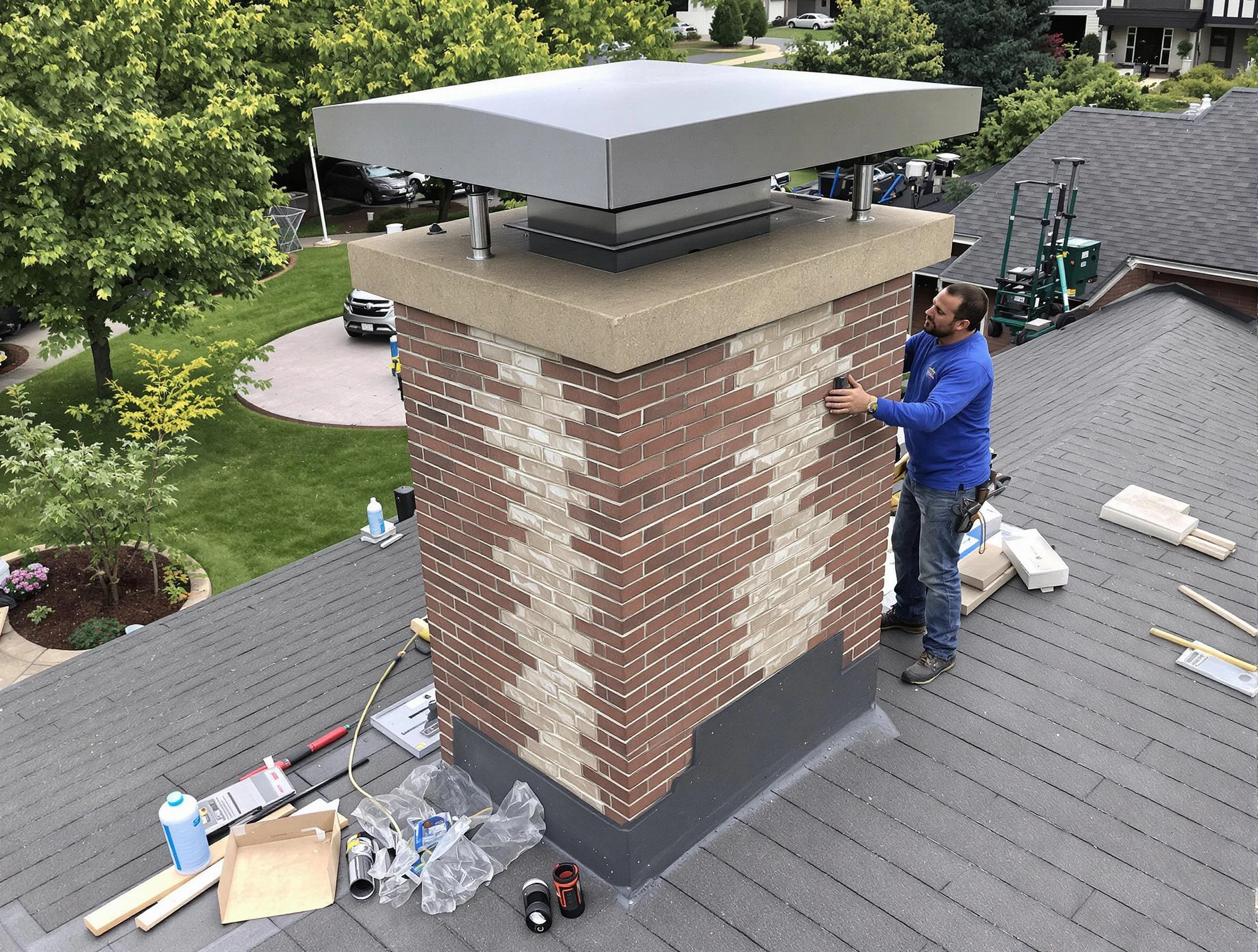 Wellesley Chimney Sweep team working on a custom chimney remodel in Wellesley, MA