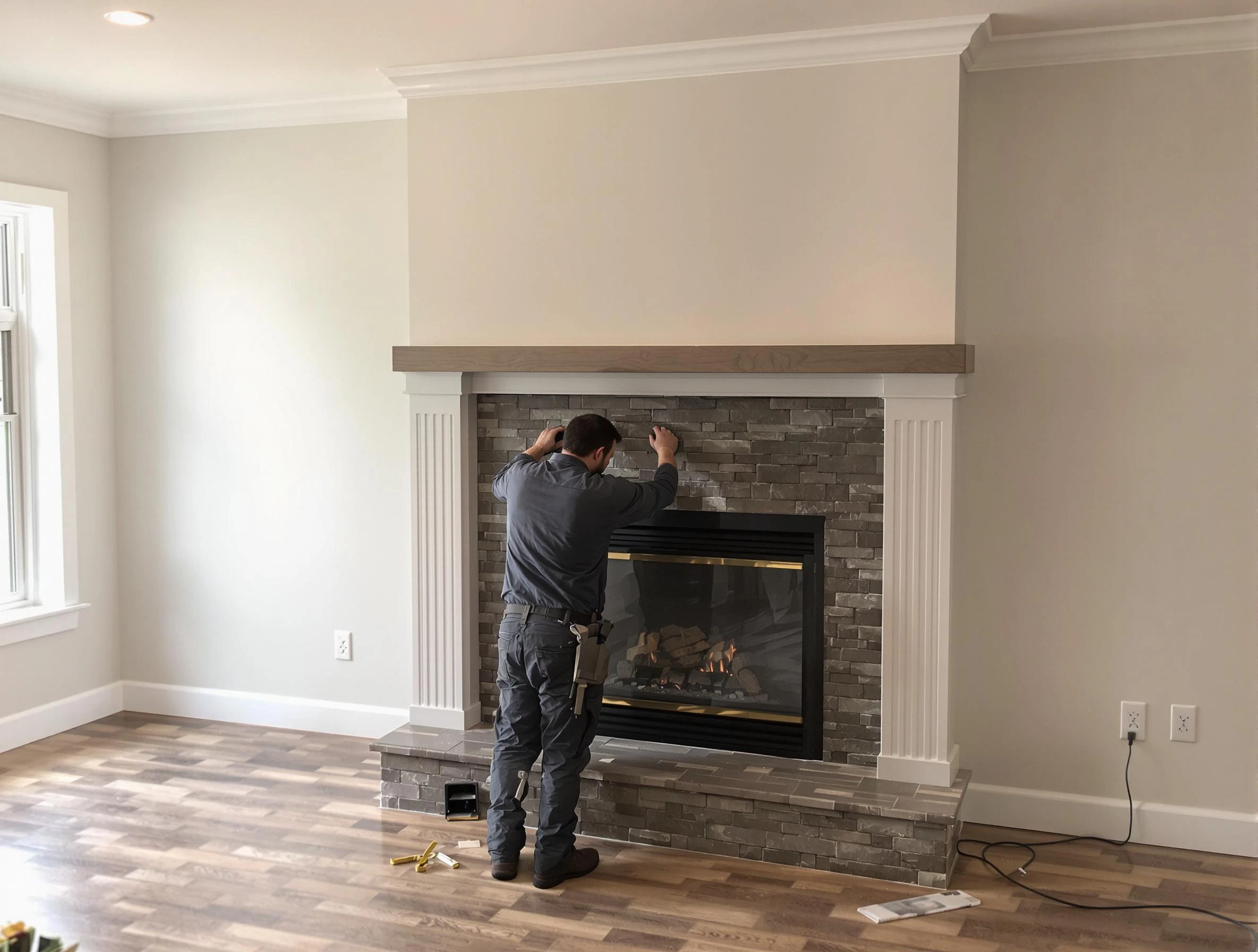 Wellesley Chimney Sweep finishing a custom fireplace install in Wellesley, MA